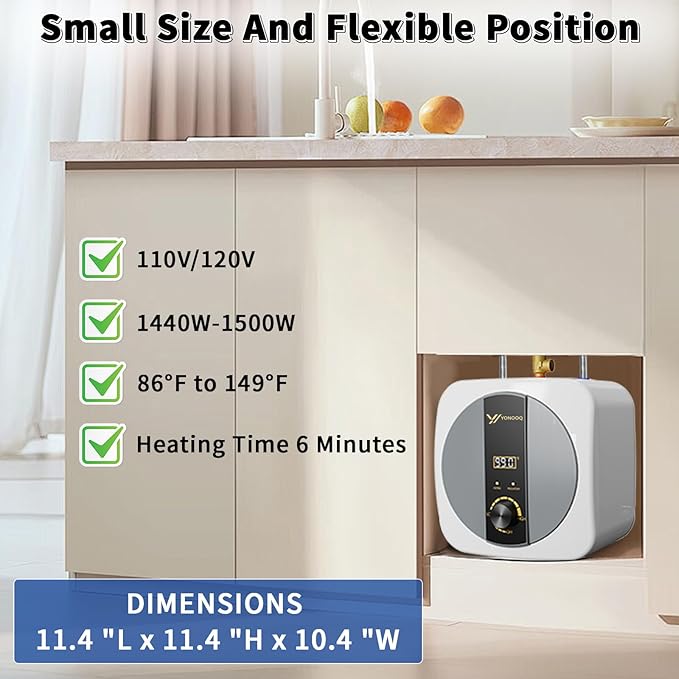 2.5 Gallon Mini Tank Water Heater Electric, 1500W 110V/120V, Under Sink Water Heater with Digital Display & Pressure Relief Valve, Hot water heater for Kitchen Bathroom RV Camper