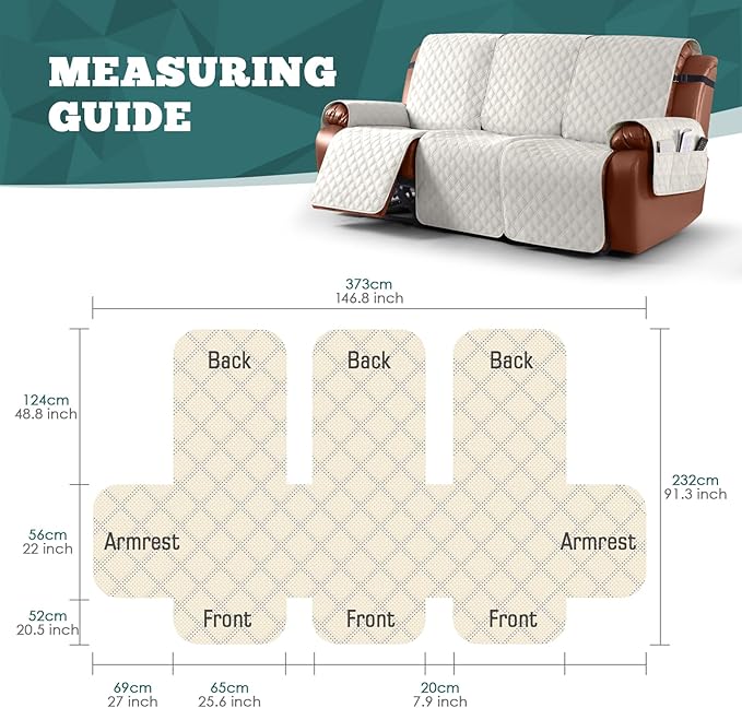 Ruaozz Waterproof Recliner Couch Covers, Sofa Slipcovers Washable 1-Piece Recliner Covers Non-Slip Furniture Protector with Elastic Straps Pocket for Kids Pets(Beige, 3 Seater)