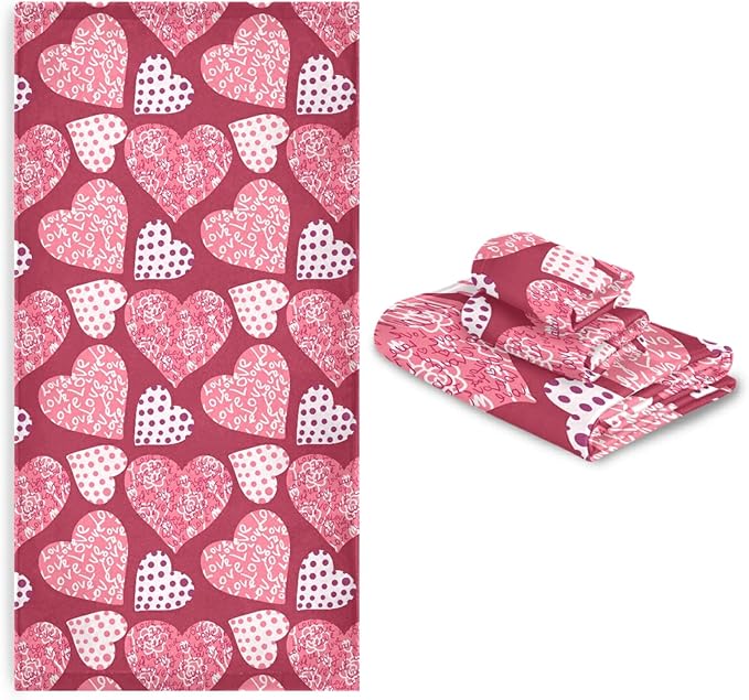 Pfrewn Pink Plaid Hearts Towels Set of 3 Romantic Love Dot Spring Bathroom Towel Soft Absorbent Bath Hand Towels Washcloth Guest Towel Sets Mother's ValentineDecorations
