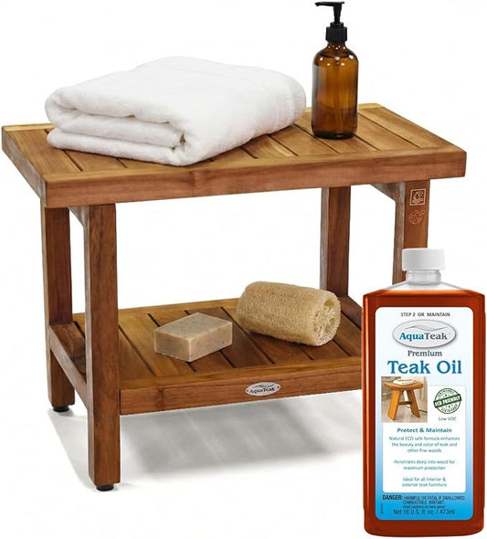 AquaTeak The Original 24" Spa Teak Shower Bench - Shower Stool with Storage Shelf & Premium Teak Oil - Durable Water Resistant Shower Chair - Shaving Foot Rest - Indoor & Outdoor Use