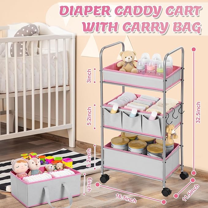 2in1 Baby Diaper Caddy Organizer Cart 3 Tier Large Capacity Metal Utility Bedside Rolling Cart with Divider Newborn Registry Nursery Essential Must Have Bedroom Gift Baby Shower(Pink)