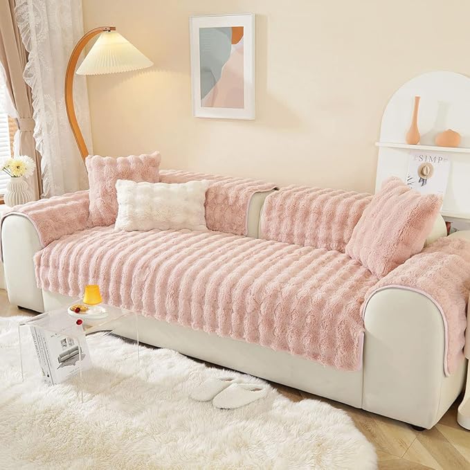 Soft Warm Faux Fur Couch Sofa Cover Thick Shaggy Fuzzy Sectional Couch Cover Non-Slip Solid Color Plush Sofa Slipcover Furniture Protector for Kids, Pets (Pink,36"x94")