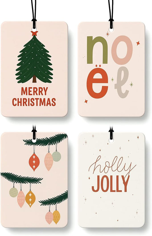 Boho Christmas Car Air Freshener 4 Pcs, Merry Christmas Tree Xmas Bauble Ball Ornament Hanging Air Freshener for Cars Closet Drawer Books, Xmas Car Accessories Mirror Decor for Women Girls