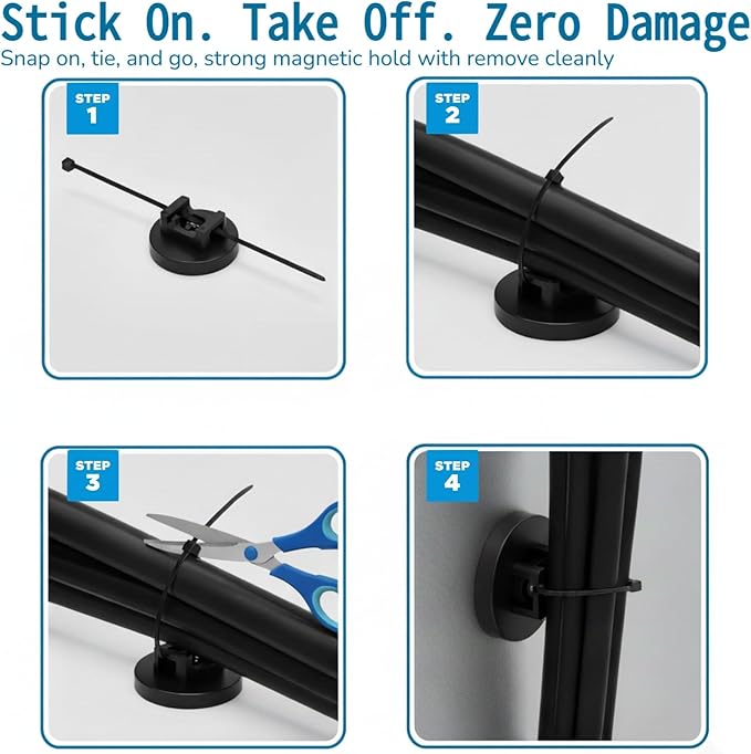 Magnetic Cable Ties Set, 25 Magnetic Zip Tie Mounts with 200 Cable Ties, Strong Wire Holder Cables Management, Multipurpose Electrical Cord Management Cord Holders Organizer (31mm)