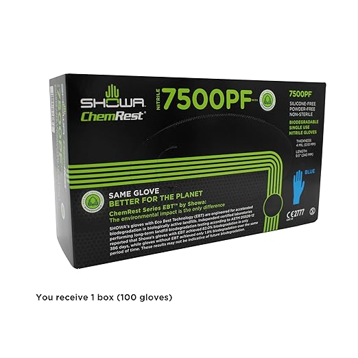 SHOWA 7500PF Sustainable EBT Latex-Free, Powder-Free, Nitrile Disposable Single Use Safety Gloves, 4 Mil, 9.5" Length, X-Large (1 Box/100 Gloves)