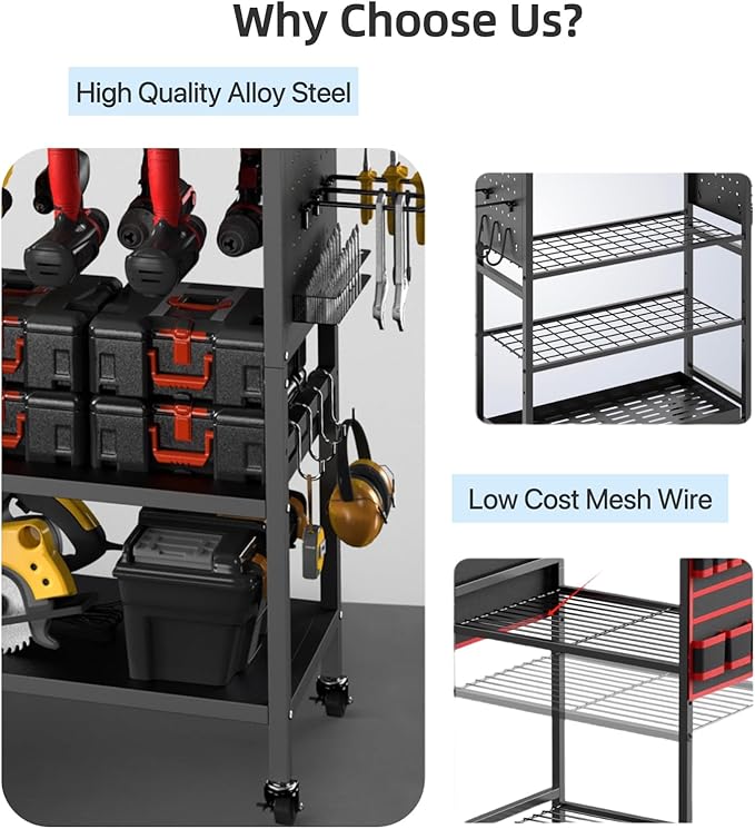 Power Tool Organizer Cart with Charging Station, 4-Tier Rolling Tool Cart for Garage Storage,Heavy-Duty Floor-Standing Storage Rack with 8-Outlet Power Strip,Supports 500 lbs