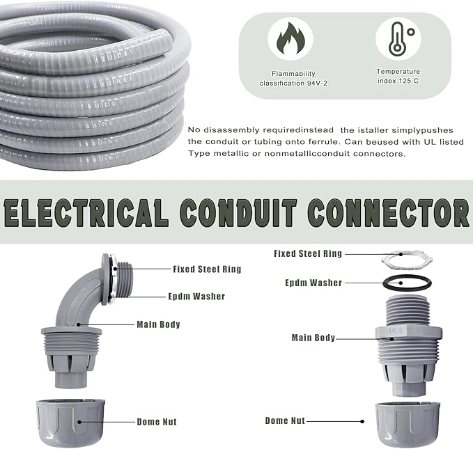 Liquid-Tight Conduit and Connector Kit - 1/2 Inch 15 FT Non Metallic Liquid Tight Electrical Conduit with 2 Straight and 2 Angle Fittings