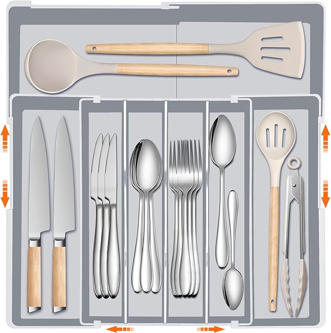 Large Kitchen Silverware Organizer - Expandable 17.2" x 17.9" Adjustable Drawer Tray, 4-7 Compartments for Maximum Storage, BPA-Free, Grey,L
