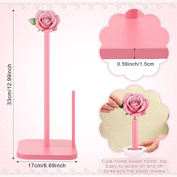 Leinuosen Pink Rose Paper Towel Holder Coquettish Cute Rose Wooden Paper Towel Holder Pink Bathroom Countertop Accessories Kitchen Roll Stand Organizer Standing Apartment Decor Housewarming Gift