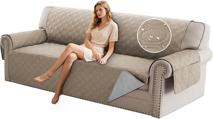 PrinceDeco Large Couch Covers for Oversized Sofa 3 Cushion Couch Sofa Cover for Dogs Water Proof Furniture Protector Cover with Elastic Straps for Pet (Oversized Sofa, Taupe)