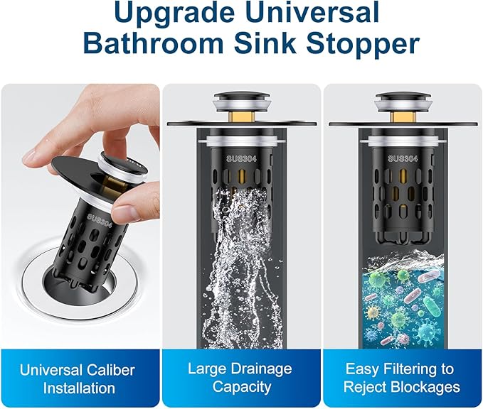 Bathroom Sink Stopper,All Metal Pop-Up Sink Drain Strainer with Removable Stainless Steel Filter Basket, Universal Bathroom Hair Catcher Fit for 1.1-2.36'' Drain (Black, 1 Pack)