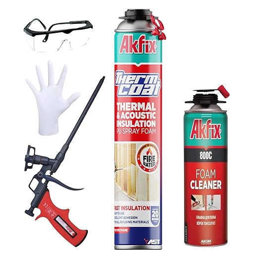 Akfix Thermcoat Fire Rated Spray Foam Insulation Kit 20 sq ft (1x27.1 oz.) - (R-Value 11.32/2 in) Closed Cell Expanding Wide Sealant Thermal Insulation for Walls and Attic - Gun & Cleaner Included