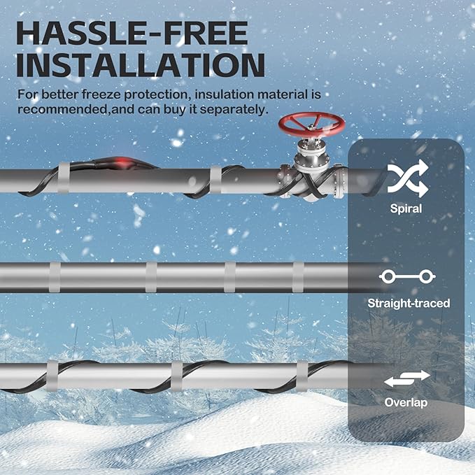50FT（3FT-200FT）Pipe Heating Cable for Pipe Freeze Protection, Heat Cable for Water Pipes(Metal and Plastic), Pipe Heat Tape Keeps Water Flowing at -40°F 5w/ft, 120V