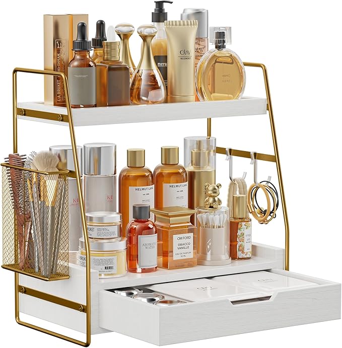 2 Tier Bathroom Counter Organizer Wood - Tiered Bathroom Countertop Shelf with Drawer, Removable Basket & 2 Hooks, Makeup Vanity Organizer for Skincare Perfume Toiletries, 13'' White Gold