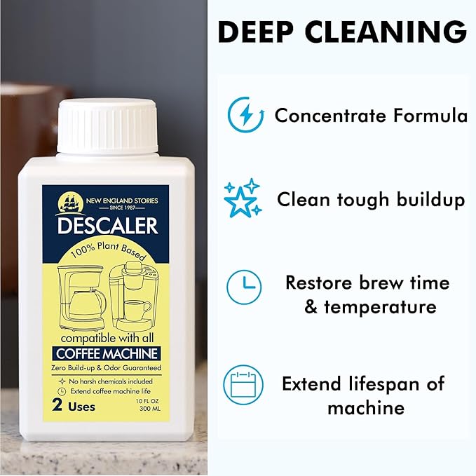 New England Stories Coffee Machine Descaler - 10oz (2 Uses), Universal Descaling Solution Compatible with Keurig, Nespresso, Delonghi and All Single Use Coffee and Espresso Machines