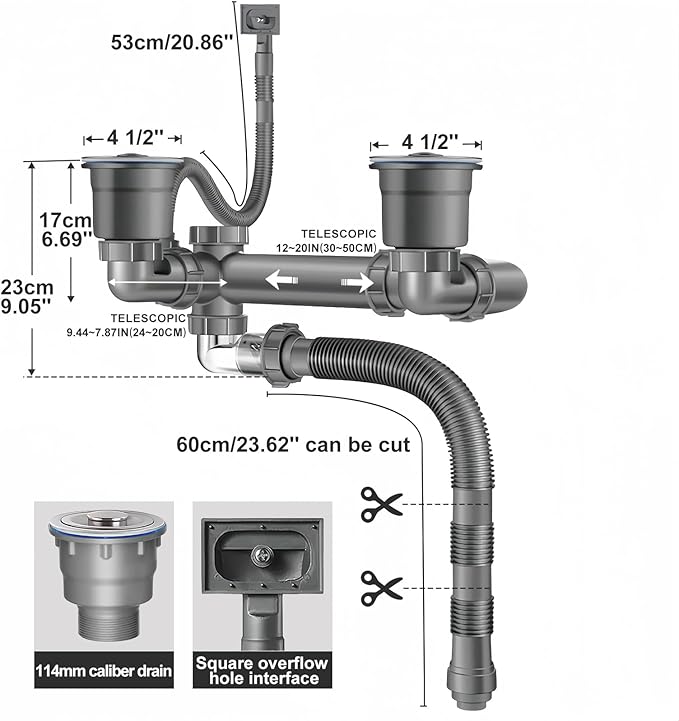 Double Sink Drain Kit Space Saving Kitchen Sink Drain Kit Expandable Flexible 1 1/2" P-Trap Pipe 3-1/2 Inch Sink Drain Assembly Kit with 4-Way Fitting Adapter for Dishwasher