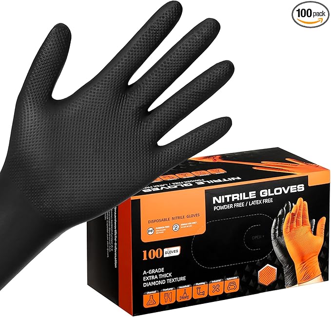 10 Mil Nitrile Gloves - Thick Black Nitrile Gloves Large, 100 PCS Disposable Heavy Duty for Women & Men Cleaning, Cooking, Gardening, Construction, Oil Resistant & Chemical Resistant