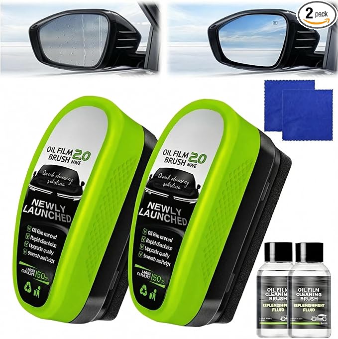 Automotive Oil Film Cleaning Brush, Clear Vision Glass Cleaner, Oil Film Cleaning Brush for Car Windows, Rain Fog and Dirt Removal, Windshield Cleaner Tool, Universal Glass Wipe Board (Green, 2PCS)