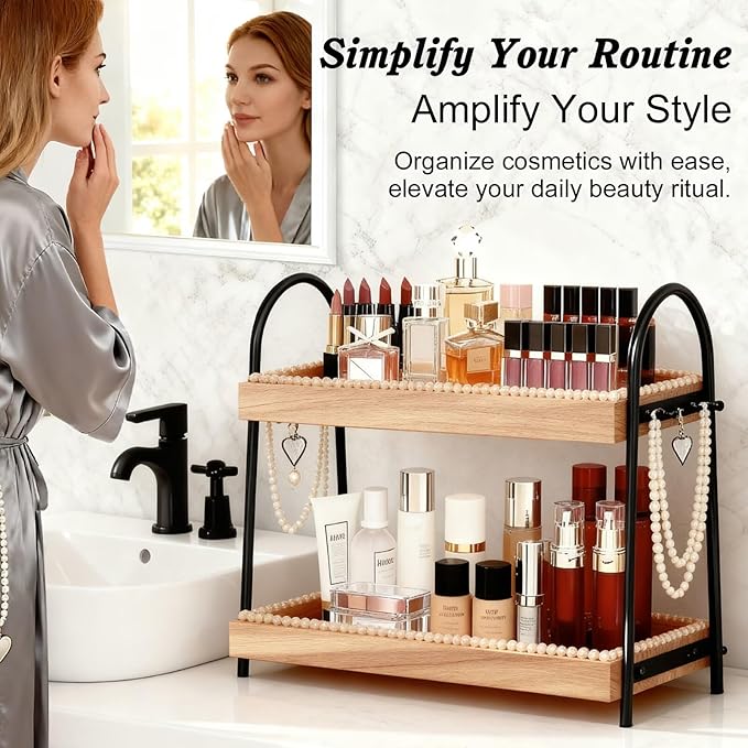 2-Tier Perfume & Makeup Organizer with 8 Jewelry Hooks, Eco-Coated Paulownia Wood Vanity Tray for Bathroom, Coffee Bar & Dresser - Large Storage Shelf for Skincare Bottles (Light Brown & Black)