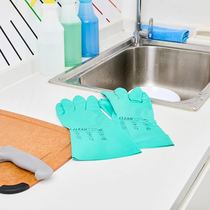 Restaurantware Green Cleaning Gloves 10 Pairs 15 Mil Thick Large Heavy-Duty Nitrile Gloves With Long Cuff No-Latex Flock Lining For Use In Hospitals, Laboratories, Kitchens and Households