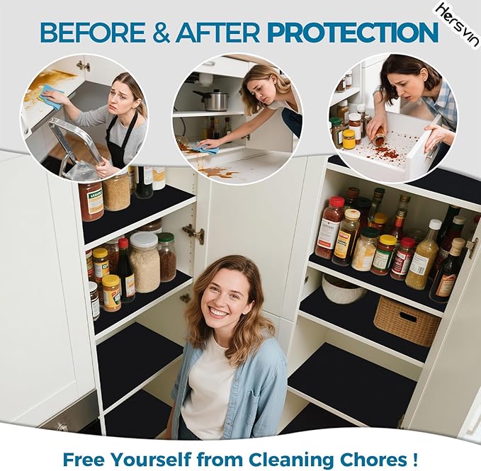 Hersvin Shelf Liners, 20 in x 20 ft Kitchen Drawer Mats, Non-Adhesive EVA Cupboard Protector, Cabinet Lining (Black Dot)