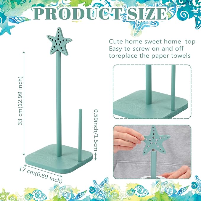 Leinuosen Beach Starfish Paper Towel Holder Rustic Beach Coastal Wooden Paper Towel Holder Turquoise Blue Nautical Ocean Bathroom Accessories Kitchen Roll Stand Organizer Apartment Housewarming Gift