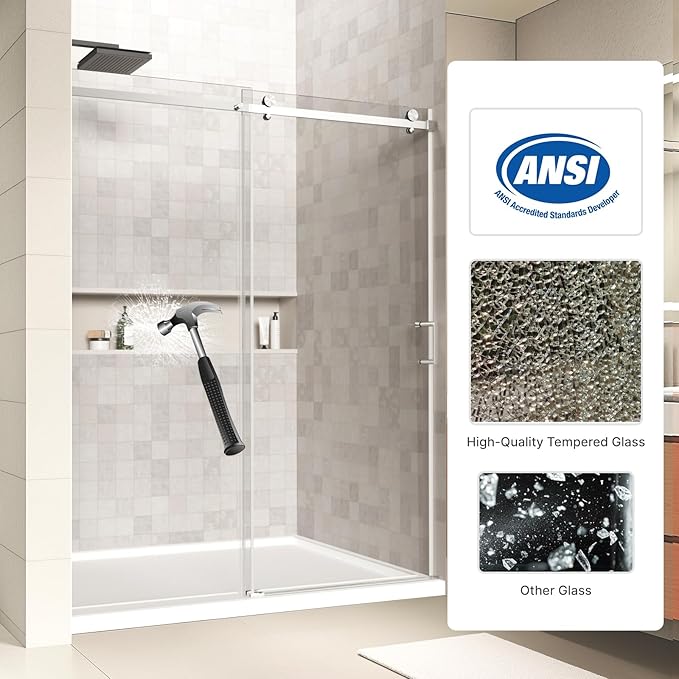 48" x 72" Frameless Sliding Shower Door, (1/4") Tempered Glass, Heavy-Duty 304 Stainless Steel Hardware, Adjustable 46-48" Width, Silent φ40 Rollers & 6" Handle, No-Leak F-Type/Bubble Seals