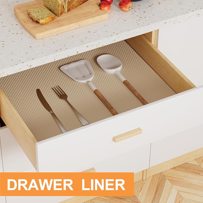 Shelf Liners for Kitchen Cabinets Waterproof - 10 Inch Wide x 396 inch Khaki Non-Adhesive Drawer Liner - Easy to Clean Pantry Cupboard Mat