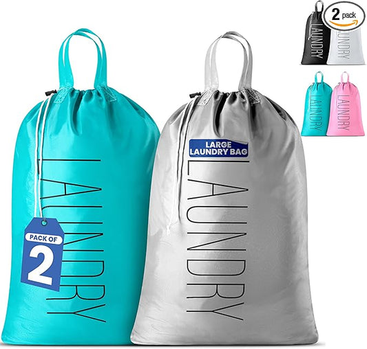 Extra Large Travel Laundry Bag - 2-Pack Fun Print Design Bags for Dirty Clothes - Durable Water-Resistant Fabric - Sturdy Drawstring Closure (Teal-Grey | Laundry)