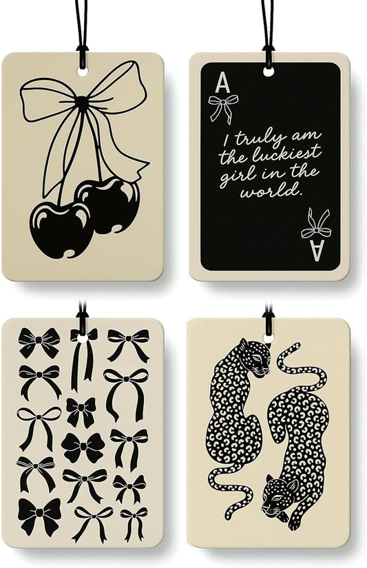 Black Coquette Girly Car Air Freshener 4 Pcs, Dark Retro Bow Cherry Ace Card Cheetah Hanging Air Freshener for Cars Closet Drawer Books, Preppy Girly Car Accessories Mirror Decor for Women
