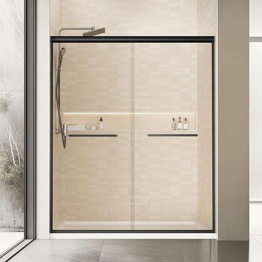 56-60 in. W x 72 in. H Double Sliding Shower Door, Semi-Frameless Bypasss Bathroom Glass Shower Doors, 6mm (1/4") Tempered Glass Door for Walk-in Shower, Stainless Steel Rollers & Handle, Matte Black