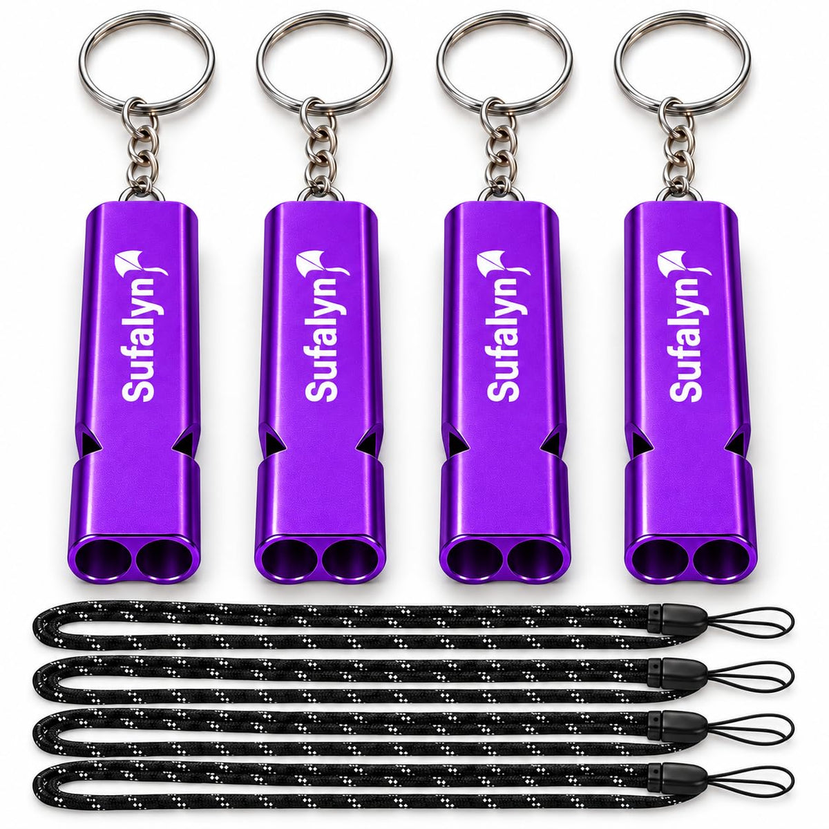 4 Pack Aluminum Emergency Whistles with Straps and Key Rings - Image 1