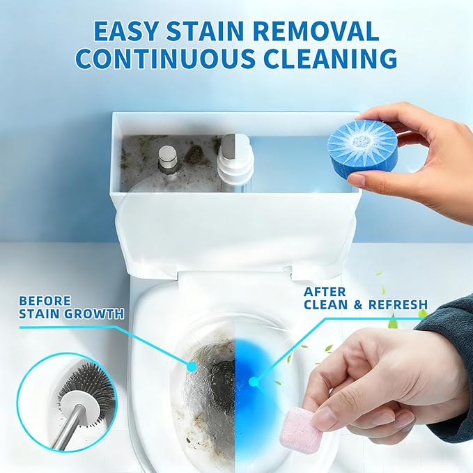 24 PACK Toilet Cleaning Tablets Set - 8 Effervescent Toilet Bowl Cleaners Tablets + 16 Blue Toilet Tank Tablets, Double-Action Formula for Stain, Water Deposit Removal