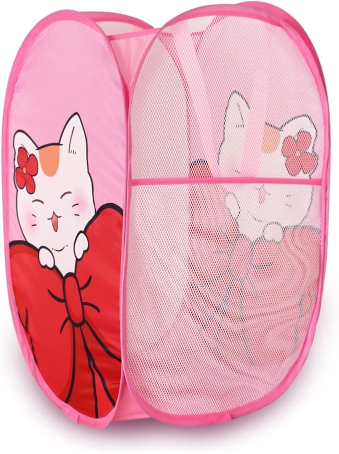 Cute Foldable Laundry Toys Tidy Clothes Socks Basket Storage Bag (Pink Kitty Cat)