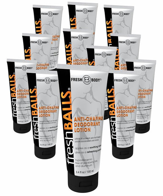 Fresh BALLS Lotion - Men's Anti-Chafing Soothing Cream to Powder - Ball Deodorant and Hygiene for Groin Area, 3.4 fl oz (Pack of 12)