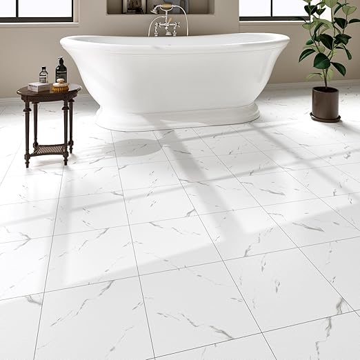 20 Pack Cover 20 Sq.Ft Peel and Stick Floor Tiles, 12” x 12” Self Adhesive Vinyl Flooring Easy DIY Installation for Kitchen, Living Room, Laundry, RV, Matte White Vein Marble