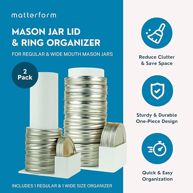 Mason Jar Lid Organizer & Holder | Storage Rack for Canning Jar Lids and Rings | Vertical Stacking Kitchen Organization | Compatible with Regular and Wide Mouth | Holds 20 Lids & 20 Rings (2 Pack)