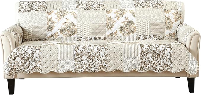 Great Bay Home Reversible Patchwork Sofa Cover - Washable Slipcover Furniture Protector with Elastic Straps - Couch Cover for Dogs, Kids, and Pets - Box-Stitched Detail (Sofa, Taupe)