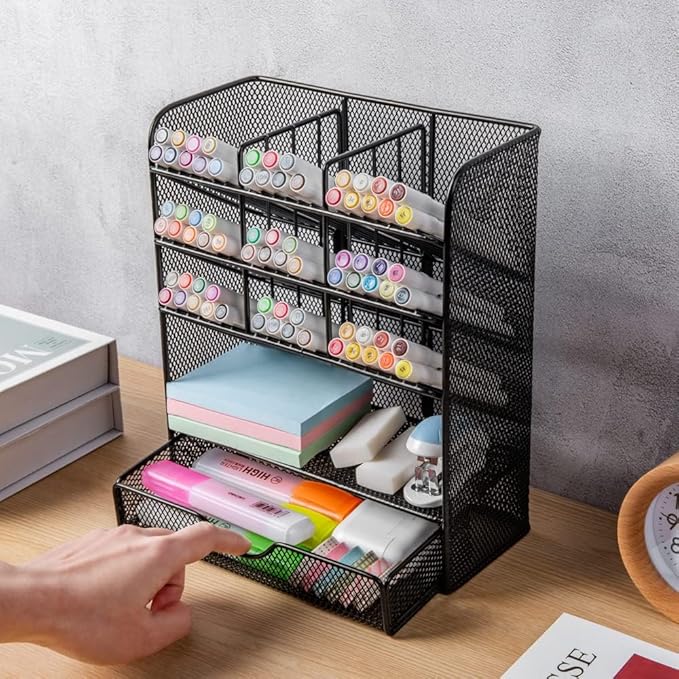 Spacrea Metal Pen Organizer, Pencil Holder for Desk, Desk Organizer with Drawer for School, Home, Art Supplies (Black)