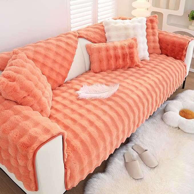 Soft Warm Faux Fur Couch Sofa Cover Thick Shaggy Fuzzy Sectional Couch Cover Non-Slip Solid Color Plush Sofa Slipcover Furniture Protector for Kids, Pets (Light Orange,28"x28")