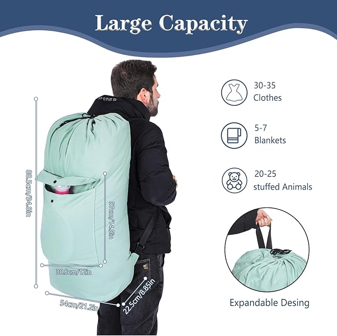 Sanlykate Canvas Backpack Laundry Bag - Extra Large Durable Dirty Clothes 2-3 Days Capacity with Adjustable Shoulder Strap & Front Pocket, for College Dorm, Apartment, Laundromats, Camping Travel