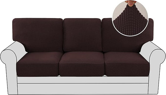 H.VERSAILTEX Multi-Pieces Sofa Slipcovers for 3 Seat Cushion Couch High Stretch Couch Cushion Covers Jacquard Textured Twill Fabric(3 Seat Covers Plus 3 Back Cushion Covers, Chocolate)