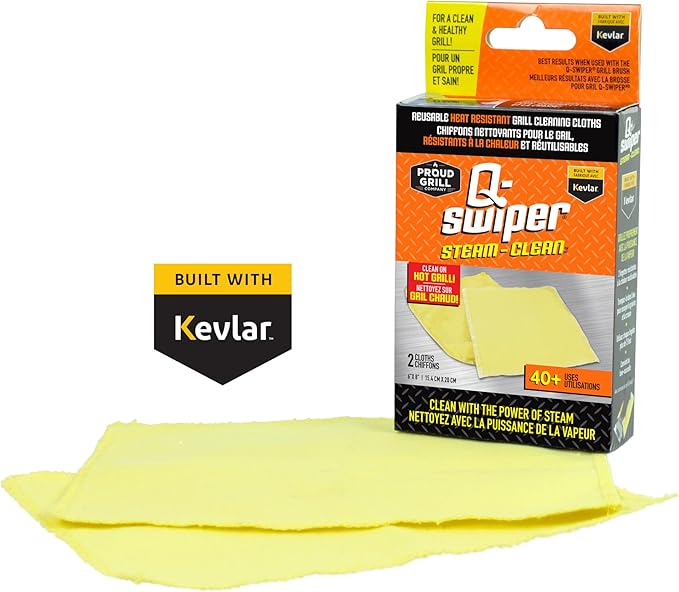 Q-Swiper XL Steam-Clean BBQ Grill Cleaner Set - 1 Long Grill Brush with Scraper, 2 Heat Resistant Kevlar® Steam Clean Cloths, 1 Tray | Bristle Free | Safe Way to Steam away Grill Grease & Grime