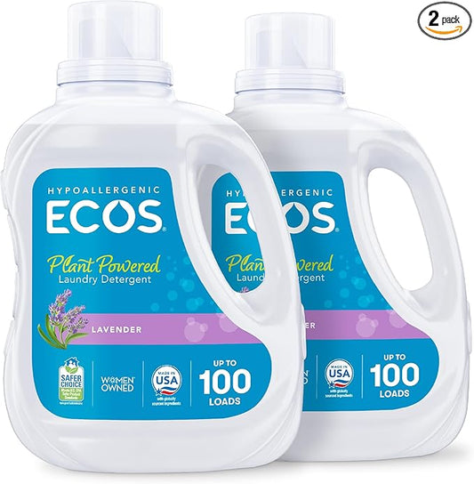 ECOS Laundry Detergent Liquid, 200 Loads - Dermatologist Tested Laundry Soap - Hypoallergenic, EPA Safer Choice Certified, Plant-Powered - Lavender, 100 Fl Oz (Pack of 2)