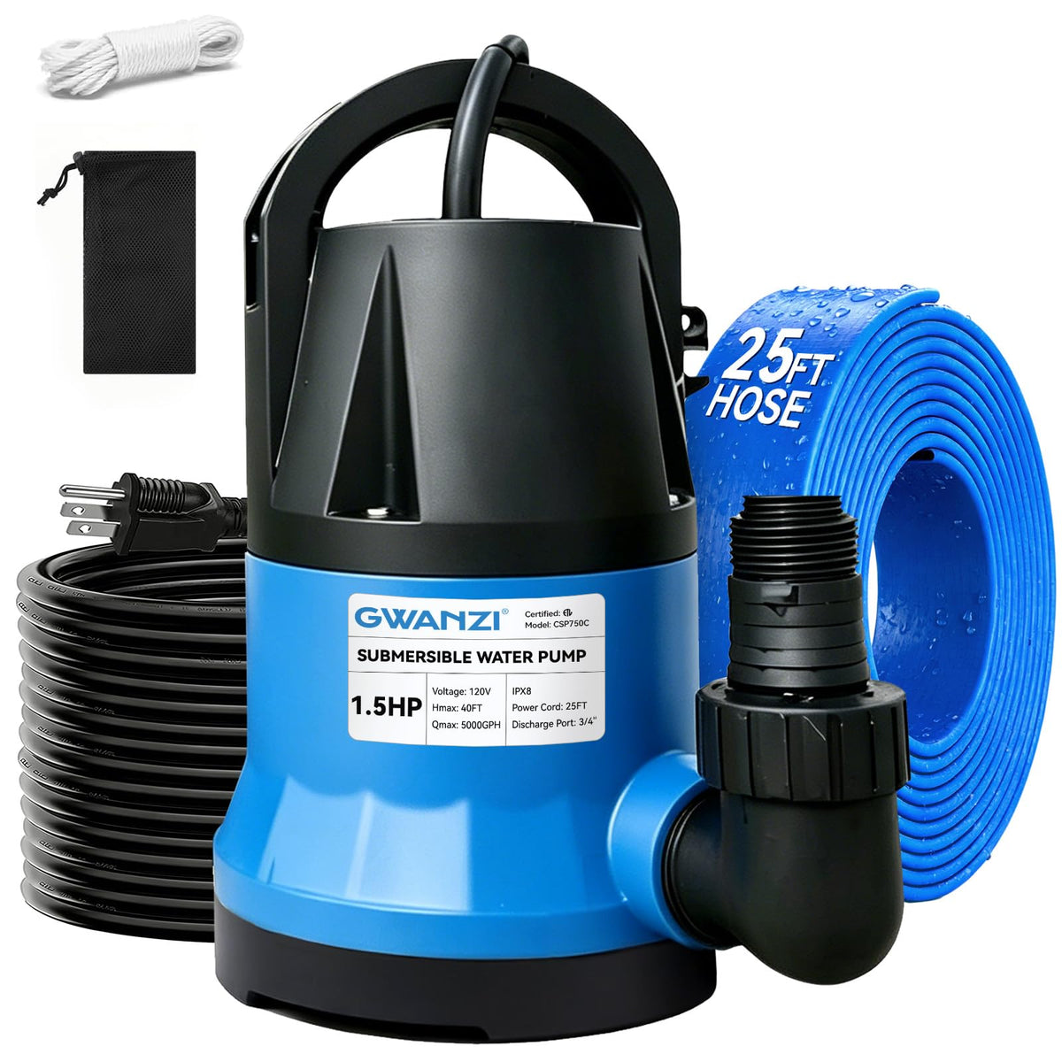 1.5HP Submersible Water Pump 5000 GPH with 25ft Hose Kit & 25ft - Image 1