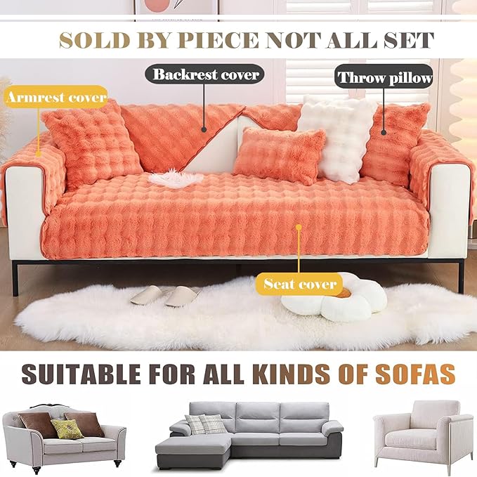 Soft Warm Faux Fur Couch Sofa Cover Thick Shaggy Fuzzy Sectional Couch Cover Non-Slip Solid Color Plush Sofa Slipcover Furniture Protector for Kids, Pets (Light Orange,28"x28")