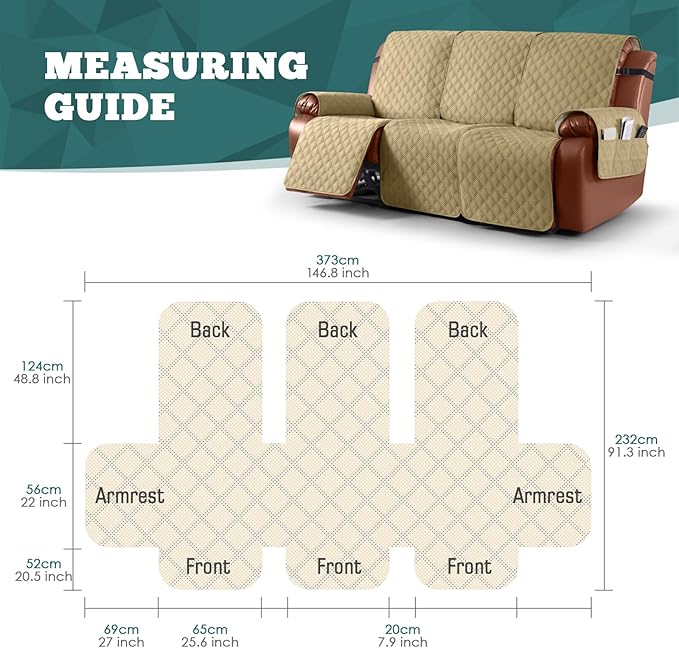 Ruaozz Waterproof Recliner Sofa Covers, 1-Piece Couch Covers for Reclining Couches Reclining Couch Cover Washable Furniture Protector with Elastic Straps Pocket for Kids Pets (Sand, 3 Seater)