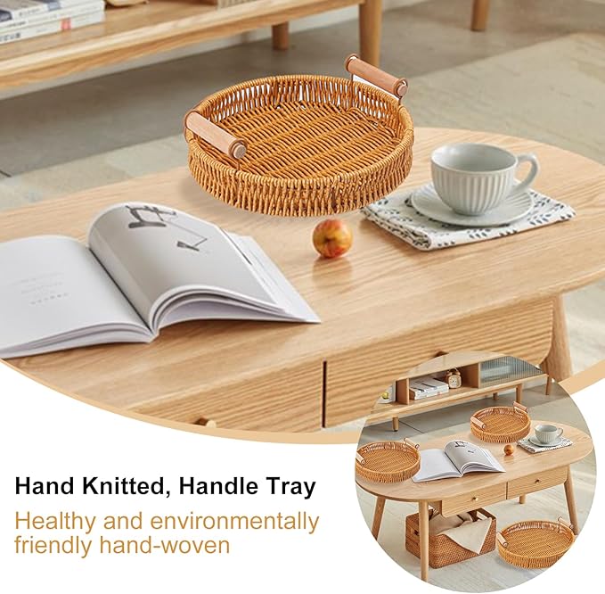 4 Pack 8.9 inch Round Rattan Tray, Round Woven Serving Basket with Handles, Storage Rattan Serving Trays for Home, Restaurant & Hotel Use, Durable & Easy-Cleaning