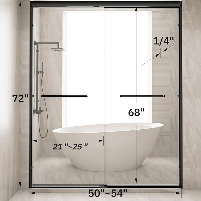 Glass Shower Door 50-54" W x 72" H Semi-Frameless Double Sliding Bathroom Shower Doors with 1/4 inch Clear Tempered Glass for Walk-in Shower, Matte Black