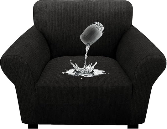 Waterproof Stretch Spandex Chair Sofa Slipcover - Non-Slip Soft Couch Cover with Elastic Bottom, Washable Leakproof Furniture Protector for Kids, Pets, Dogs & Cats (Chair, Black)